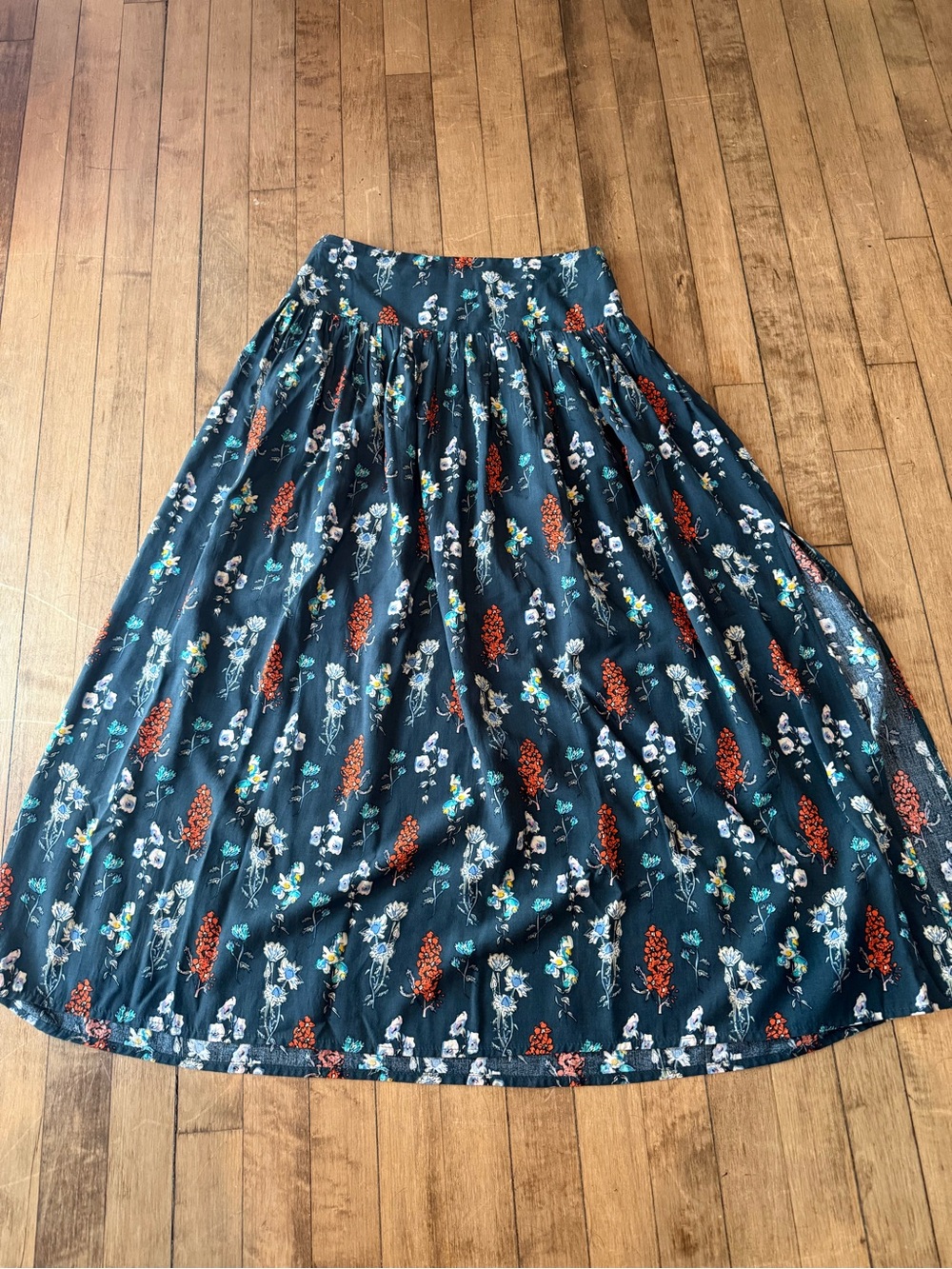 NATURAL LIFE Gray Floral Maxi Skirt with Rust Accents and Slide Slit